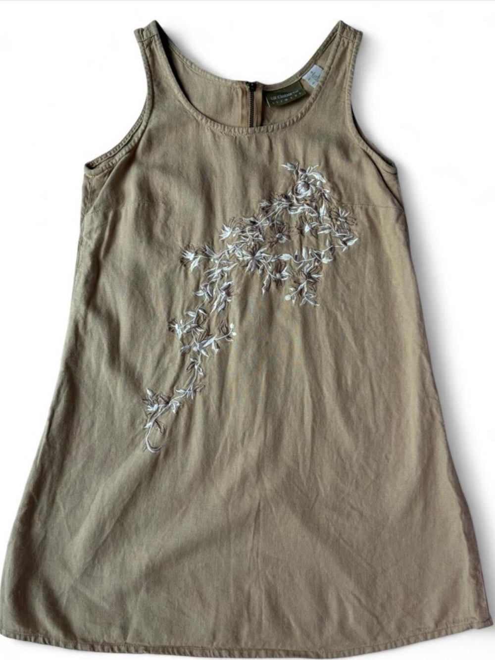 Liz Claiborne Tan Linen Floral Embroidered Mini Dress A-line 90s Buttermom Small